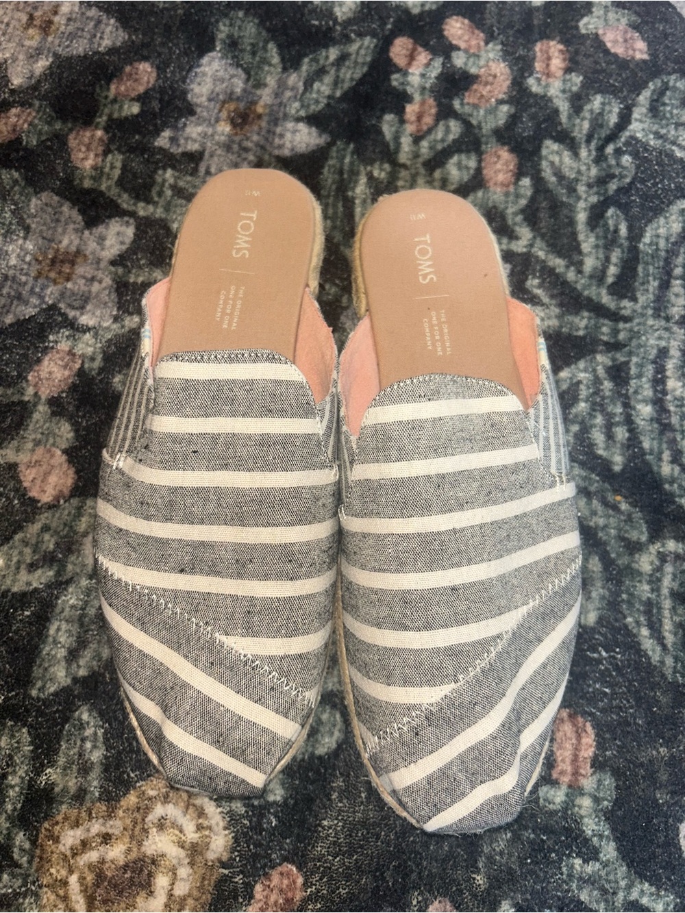 TOMS Gray & White Striped Slip-On Mules with Pink Lining